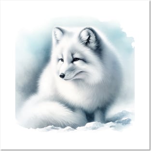 Winter's Whisper: Delicate Arctic Fox Watercolor Posters and Art